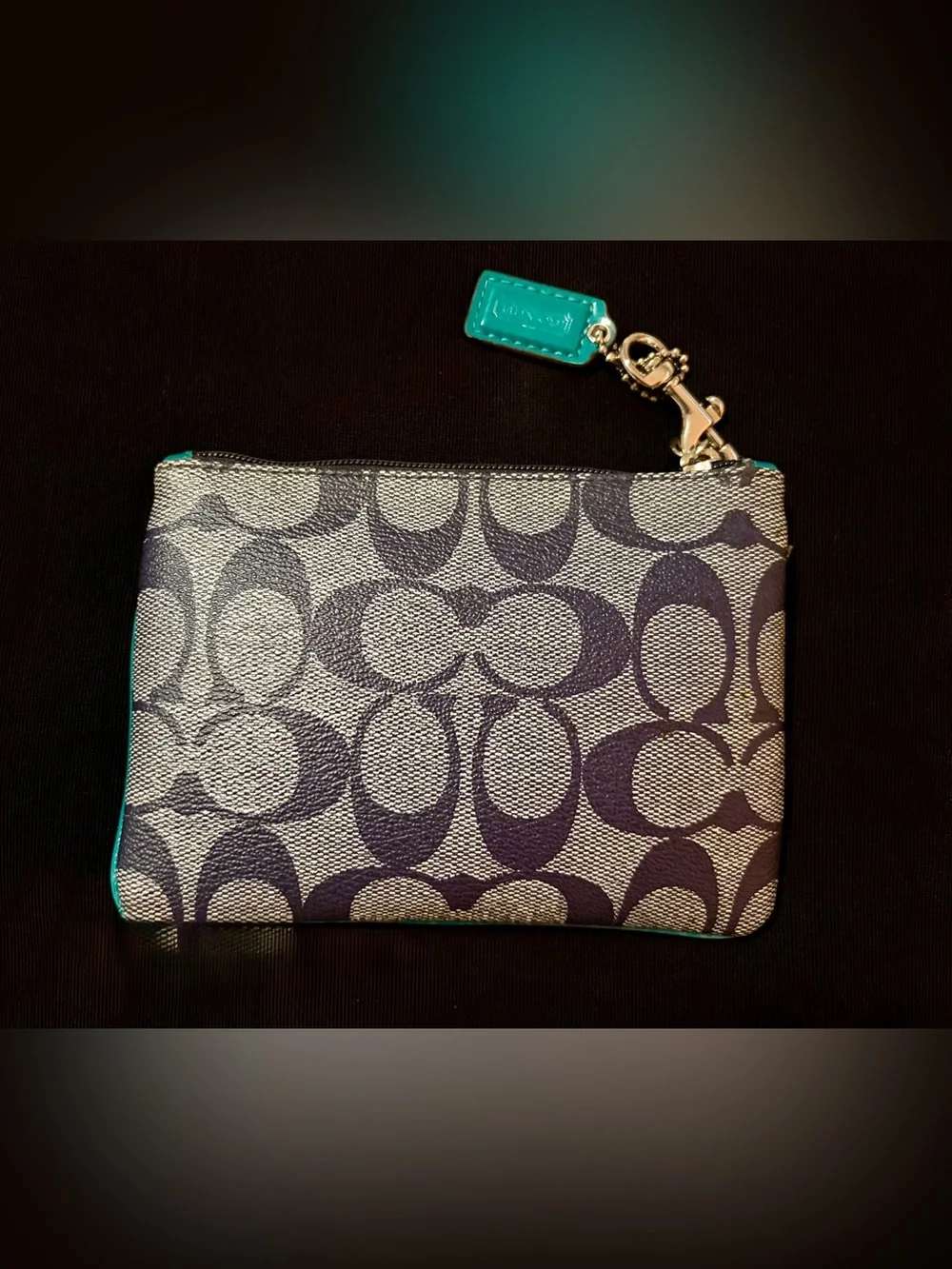 New Coach Navy Signature Stripe Teal and Cream Center